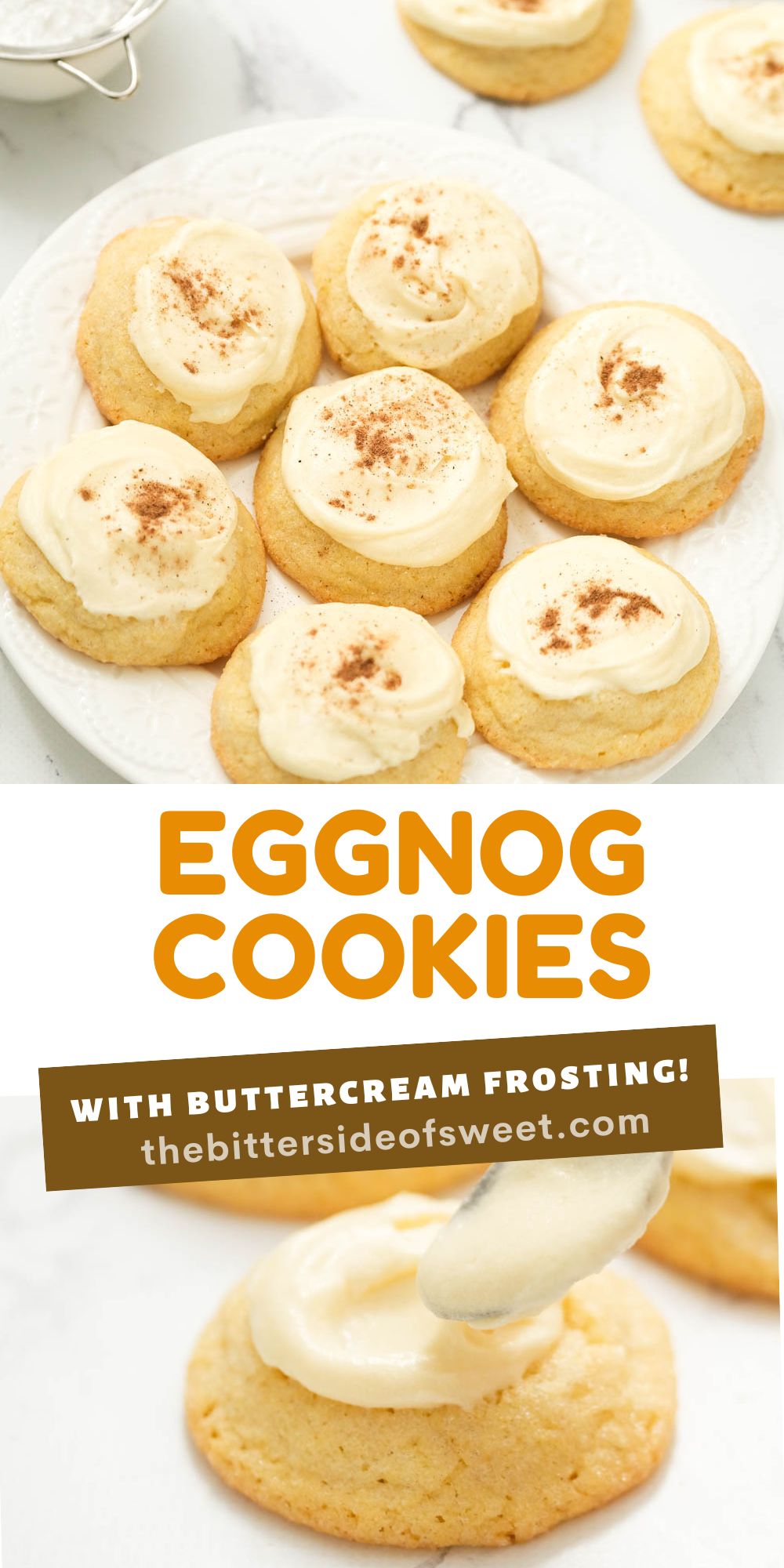 collage of eggnog cookies being frosted.