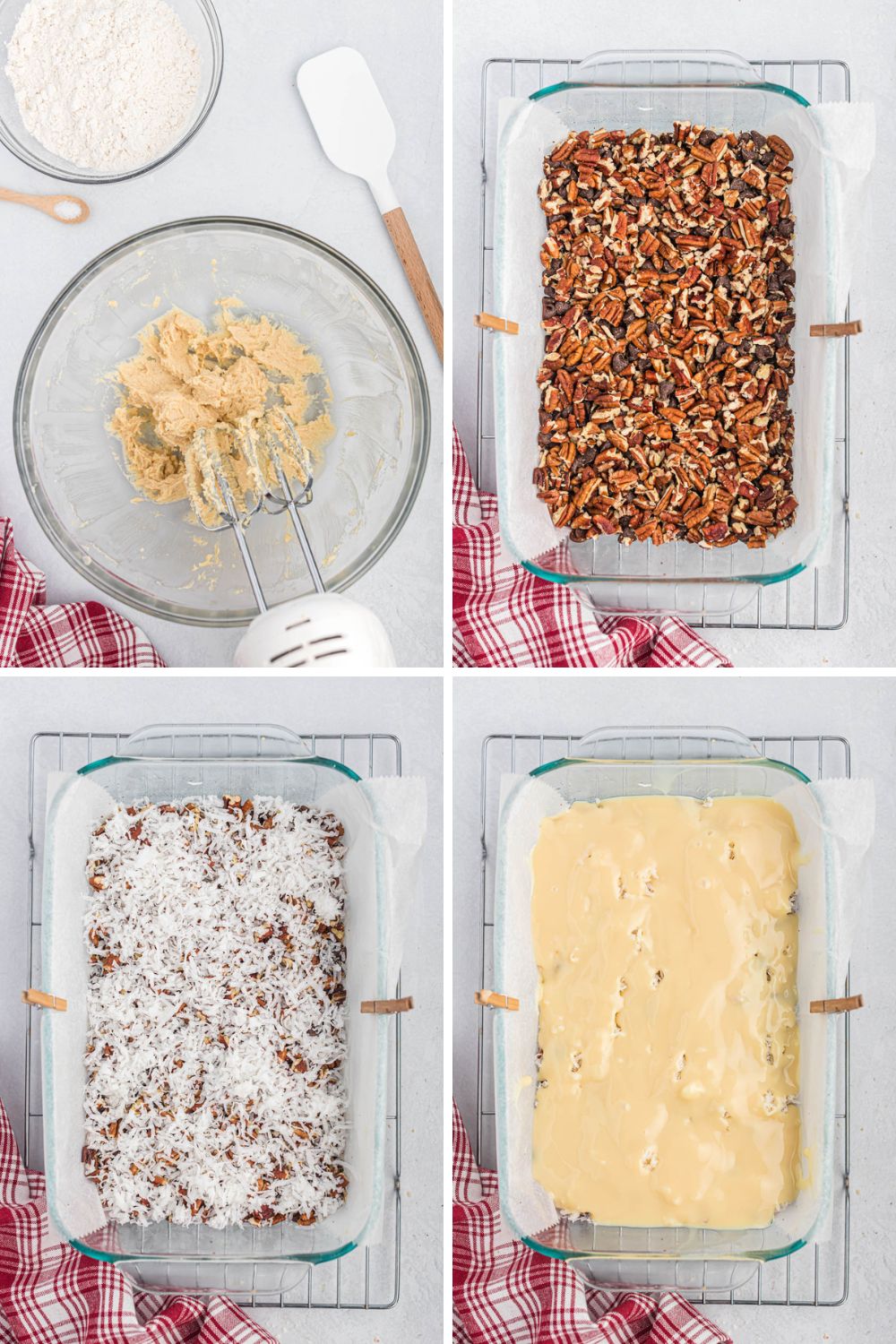 step by step photo collage of Seven Layer Magic Bars.