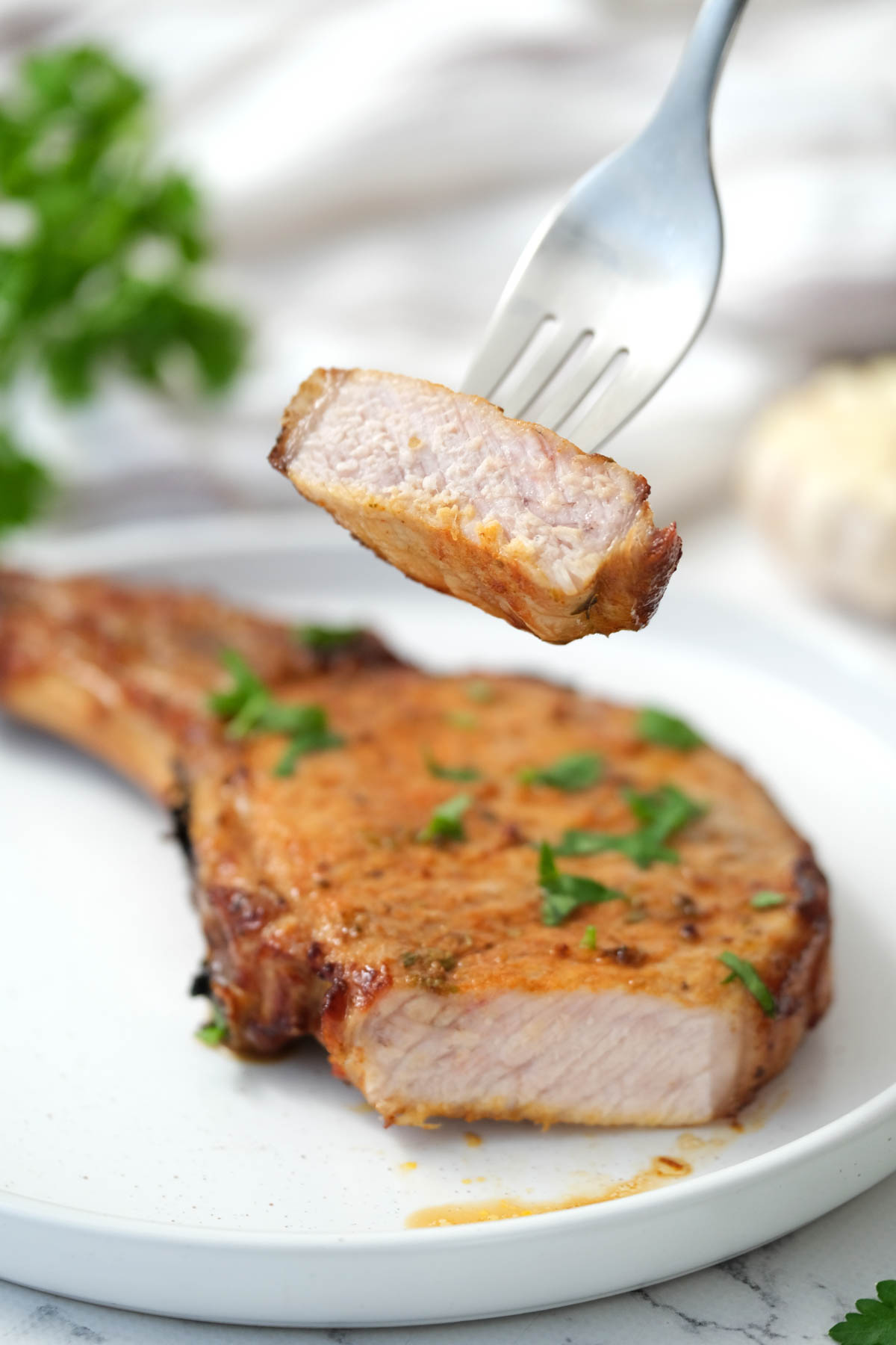 bite of pork on fork.