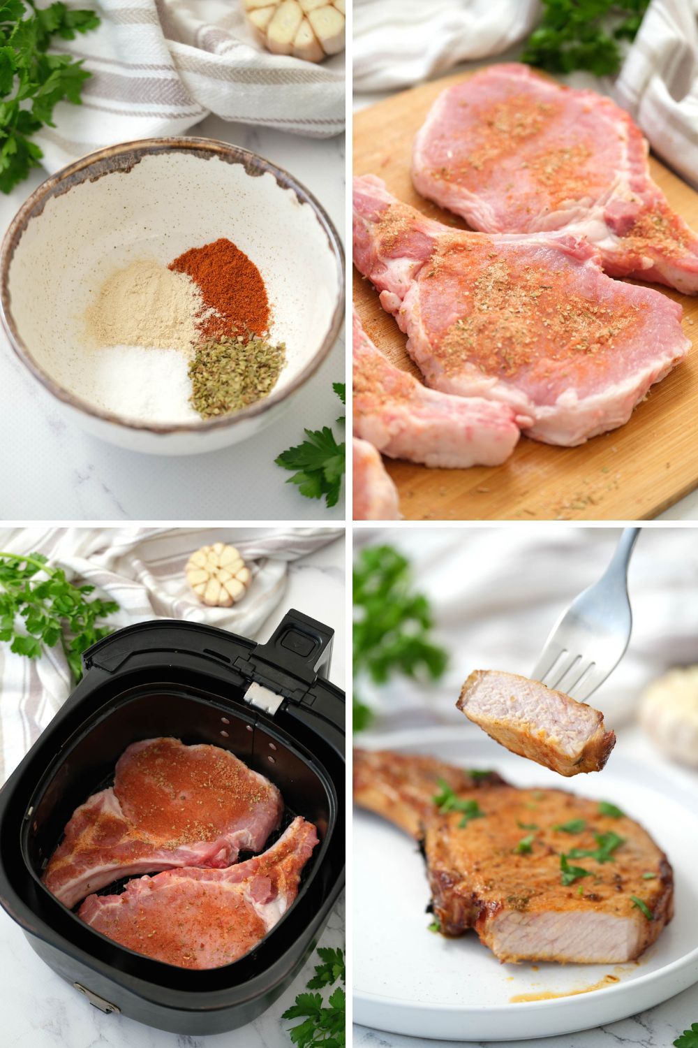 Raw pork chops seasoned with herbs and spices ready to be cooked in the air fryer.