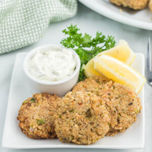 tuna cakes on white plate.