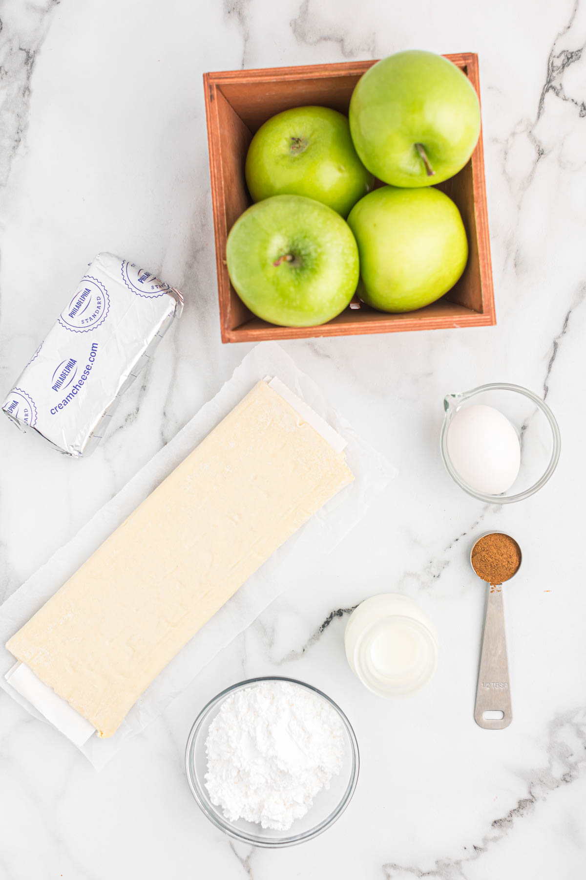 ingredients of Apple Cinnamon Danish Pastry on white background