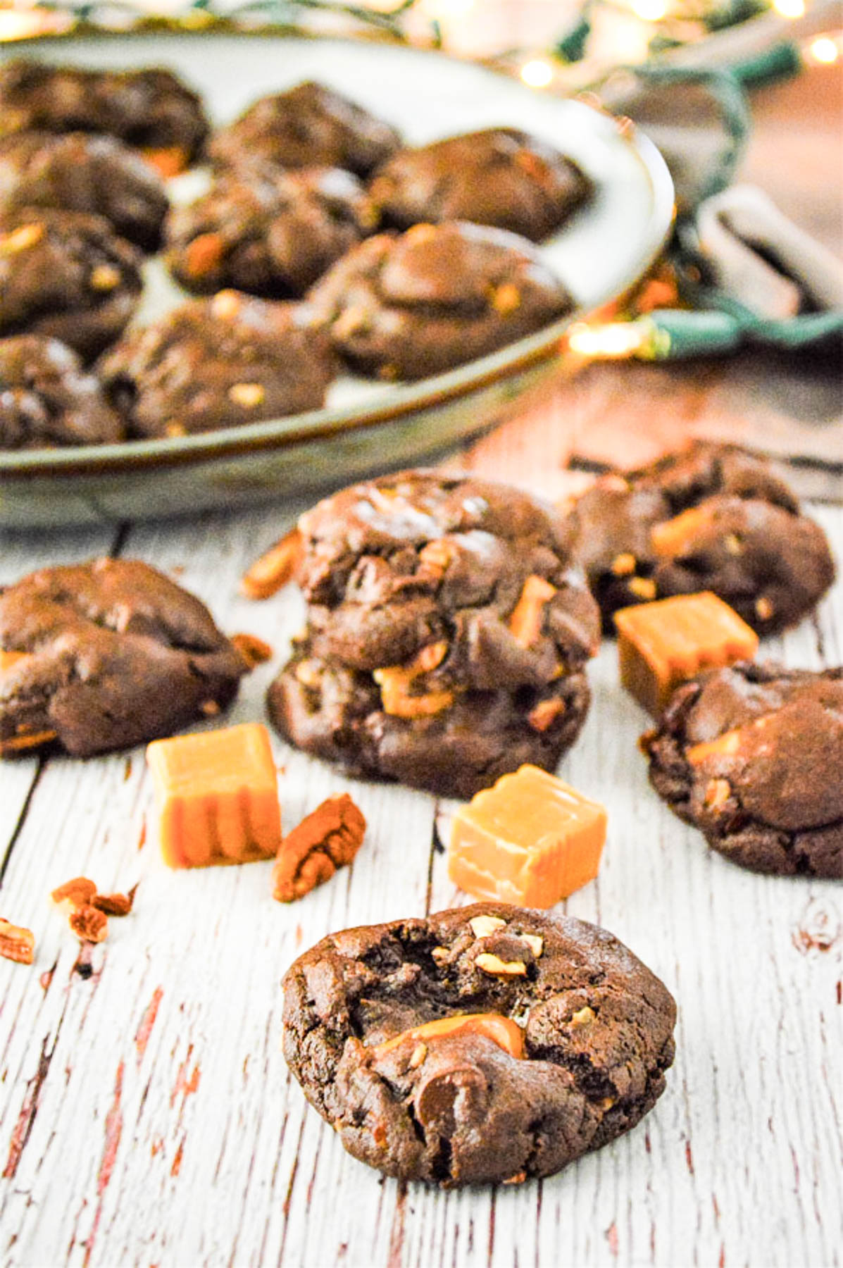 chocolate turtle cookies on plate