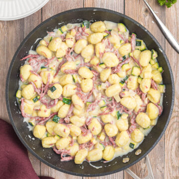 overhead view of gnocchi in skillet