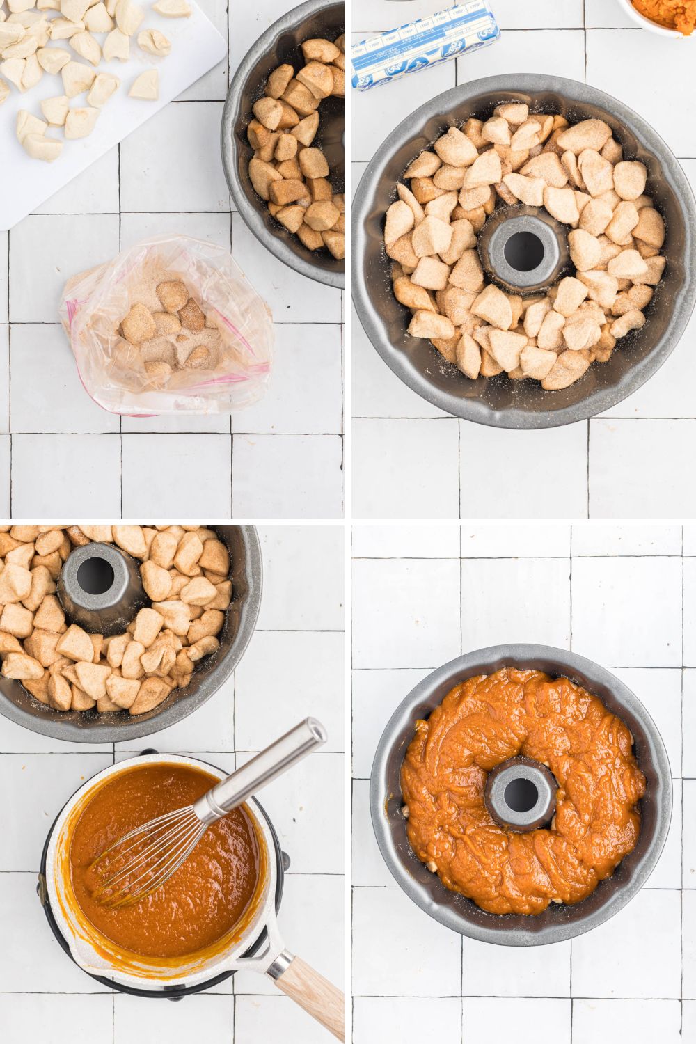 step by step collage of maple pumpkin monkey bread